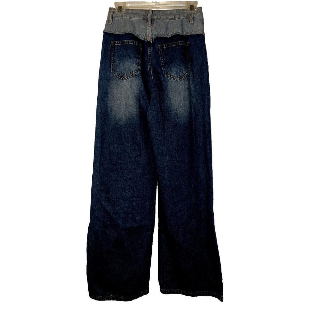 Fashion Nova Two Tone Double Waistband Distressed Wide Leg Jeans Medium Wash 3 - Picture 4 of 11